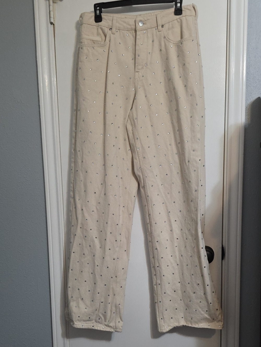 Pilcro Cream Straight-Leg Jeans with Rhinestone Dots